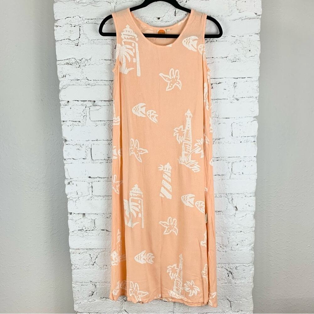 Coconut Pier Tropical Floral Peach Screen Print Sleeveless Maxi Dress S/M